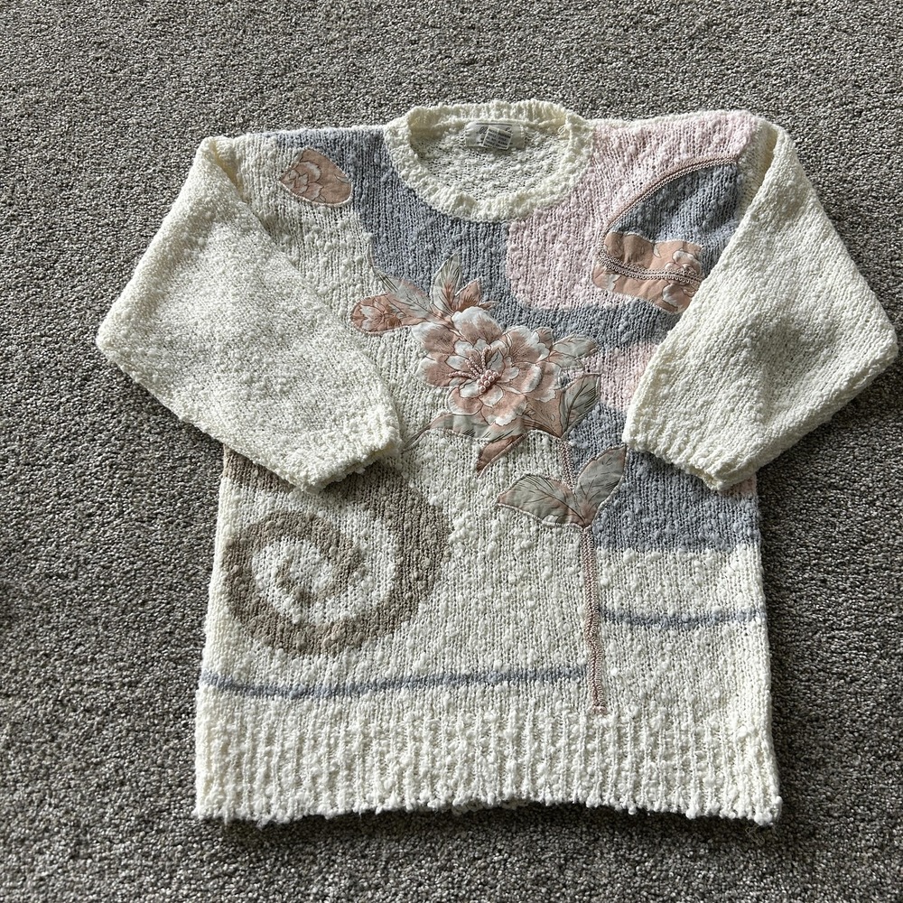 Vintage Margules Sweater Womens Small Multicolor Crew Neck Floral Knit Pullover